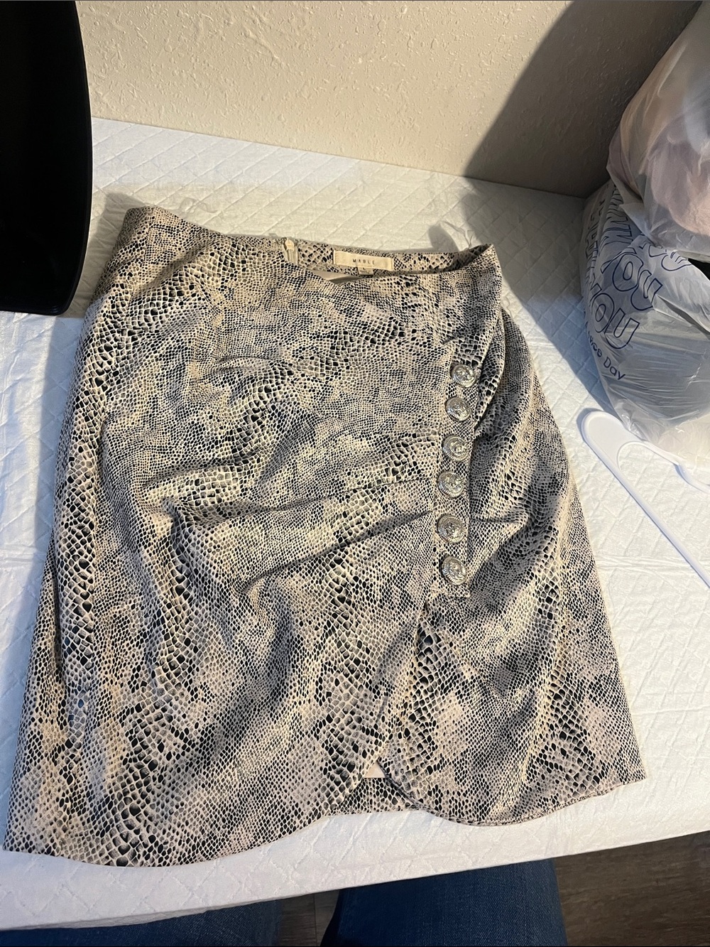 Snake-Print Button-Front Mini Skirt in Beige & Black